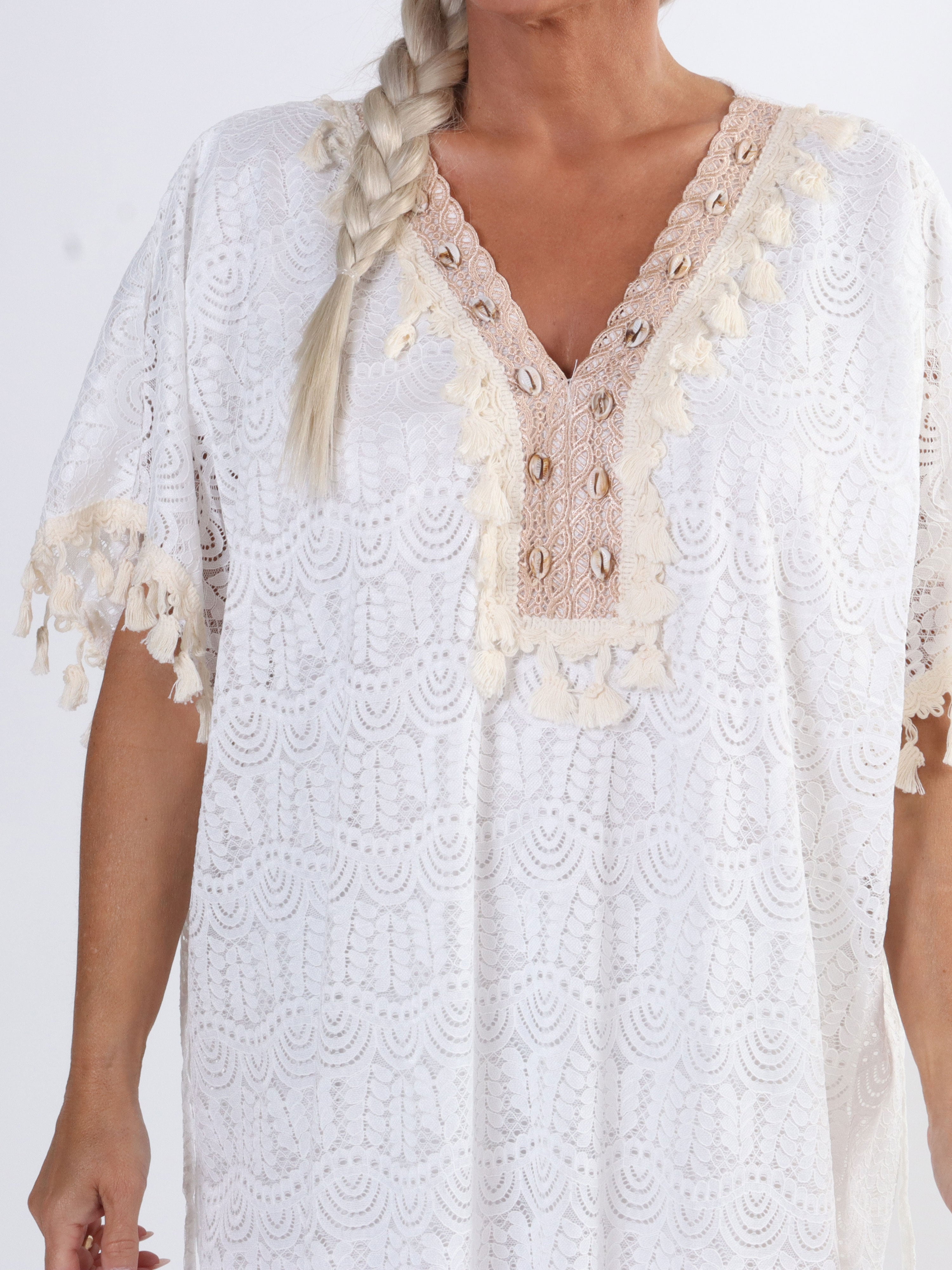 Dua - Lang plus size tunikakjole i blonde med broderet detaljer